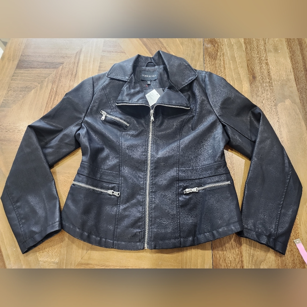 Ookie & Lala Black Faux Leather Jacket Sz Medium Motor Zip-up Womens